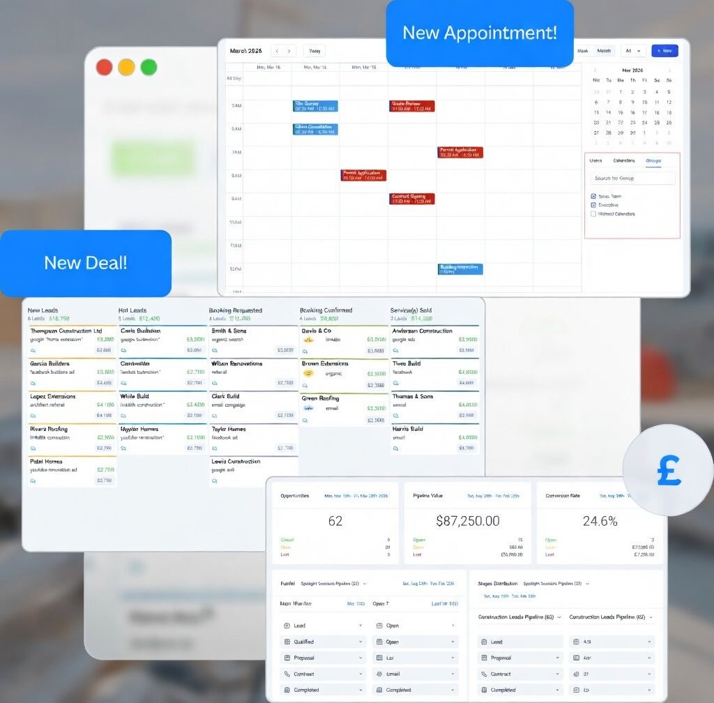 CRM dashboard for UK tradespeople showing leads calendar and pipeline